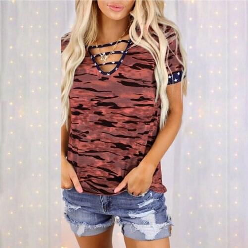 Camouflage Print T Shirt Harajuku Women Tshirt Short Sleeve Tee V Neck Loose Summer Vintage Tops Casual Female Camisetas Mujer 2