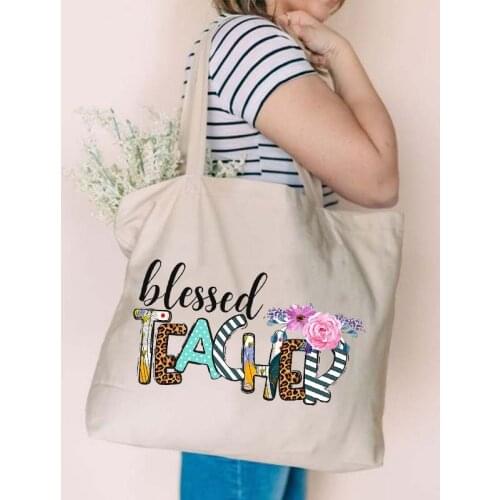Blessed Teacher Print Women Canvas Shopping Bags Books Bag Female Shoulder Bag Handbag Reusable Shopper Totes Thanksgiving Gifts