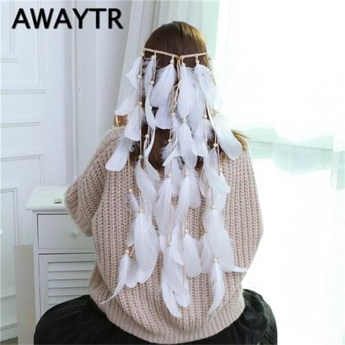 AWAYTR Bohemia Bridal Festival Wedding Feather Headband Headwear Red Pink White Feather Head Band Headdress Hair Accessories