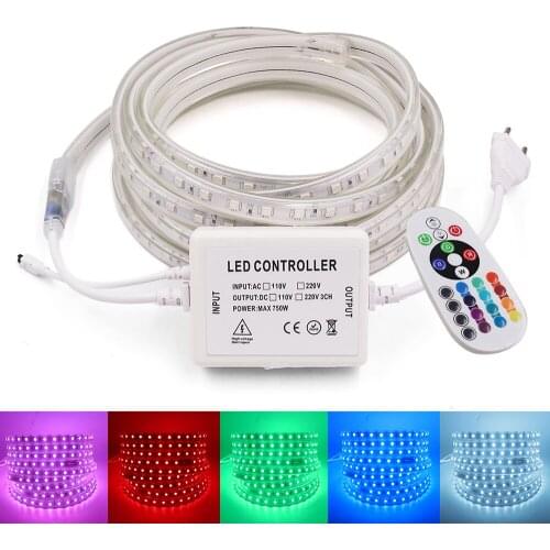 5050 RGB LED Strip Light AC 220V-240V Waterproof + 24Key Remote 60LEDs/m Led Tape Rope Light For Home Decoration