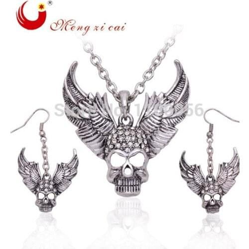 T1570 Free shipping skull jewelry silver plated with wings gold statement necklace 2015 for women Halloween Gifts