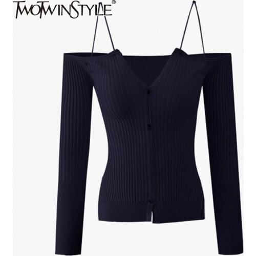 TWOTWINSTYLE Apricot Elegant Knitted T Shirt For Women V Neck Long Sleeve Casual Slim T Shirts Female 2021 Spring Fashion Style