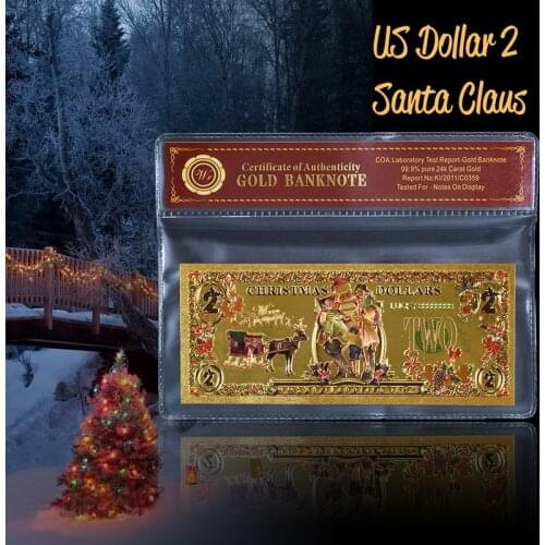 WR Merry Christmas Metal Gold Foil Banknotes Colorful USD 2 Dollar with PVC Frame Golden Banknote Business Promotion Gift