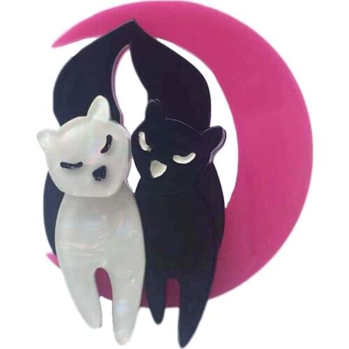 Double Cat Brooch Pin Black and White Cat Moon Women Men Brooches Couples Gift Jewelry