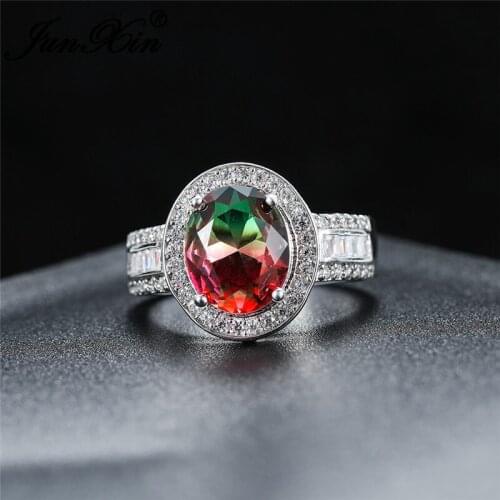 Luxury Big Oval Mystic Rainbow Fire Crystal Rings For Women White Gold Colorful Rose Red Green Zircon Wedding Bands Boho Jewelry