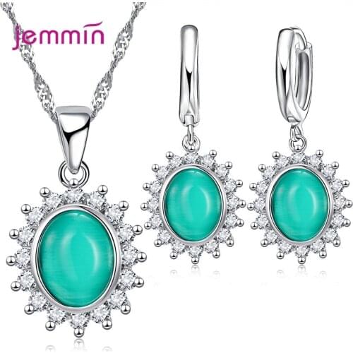 Bohemia Handmade Oval Opal Stone Big Hoop Earrings for Women Cubic Zircon Pendant 925 Silver Necklace Jewelry Sets Wedding Gifts