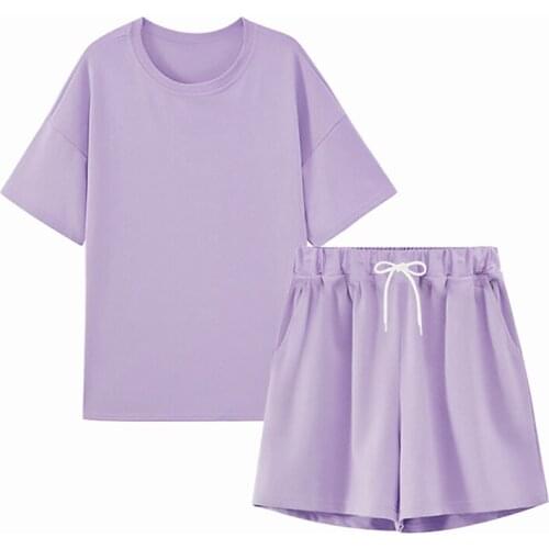Summer Tracksuits Womens Two Peices Set Leisure Outfits Cotton Oversized t-Shirts High Waist Shorts Candy Color Clothing