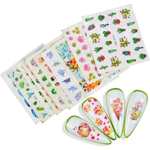 1 Sheet Nail Water Stickers Cactus Cartoon Flower Design Transfer Decal Nail Art Decoration DIY Watermark Tattoos Nail Tool