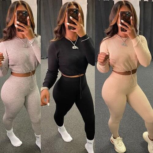 2020 Cross-Border Womens Autumn/Winter New Sexy Tight Solid Pants Long Sleeve Set Two-Piece Set