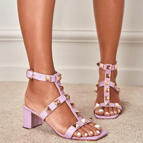 2021 Women Rivet Gladiator Sandals Ladies Buckle Square Toe Med Heels Female Summer Casual Shoes Woman Beach Footwear Plus Size
