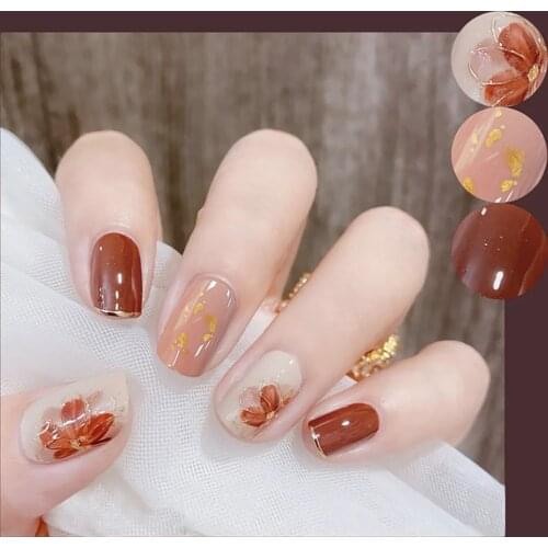 24Pcs/box Full Cover Detachable Short False Nails Shell Pearl Blooming Fake Nails With Jelly Glue