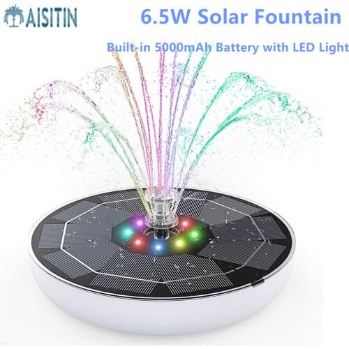 AISITIN 6.5W Solar Fountain Pump Built-in 5000mAh Battery, Solar Powered Water Fountain Pump with LED Lights for Pond, Garden