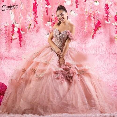 Sparkly Beading Crystal Ruffles Ball Gown Quinceanera Dresses Off The Shoulder Appliques Lace Sweet 16 Dress Prom Party Dress
