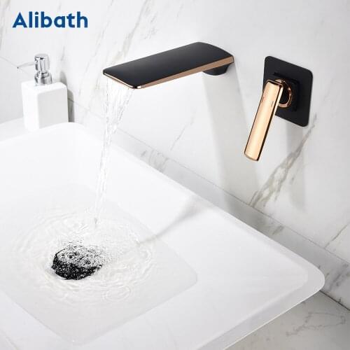 Free shipping Bathroom Basin Sink Faucet Wall Mounted Square Black and Rose Gold Brass Mixer Tap With Embedded Box