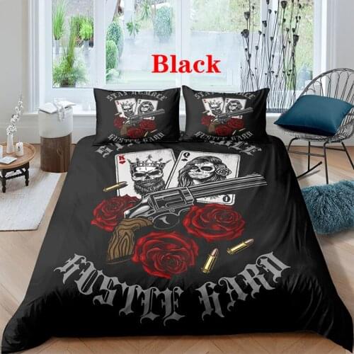 Black White Skull Rose Gun Printed Bedding Set Duvet Cover Pillowcases Adults Couple Comforter Bedclothes (NO Sheet)