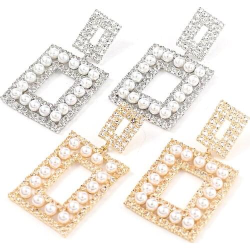 JIJIAWENHUA New Trend womens Rhinestone Imitation Pearl Square Pendant Earrings Dinner Fashion Jewelry Accessories