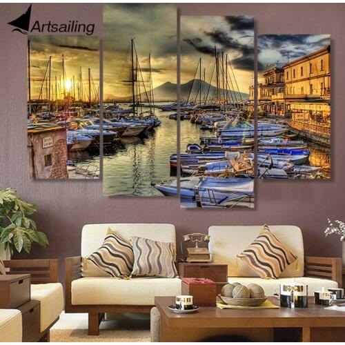 Canvas Painting 4 Piece Canvas Art Naples Italy Wharf Boats HD Printed Home Decor Wall Art Poster Picture for Living Room XA026C