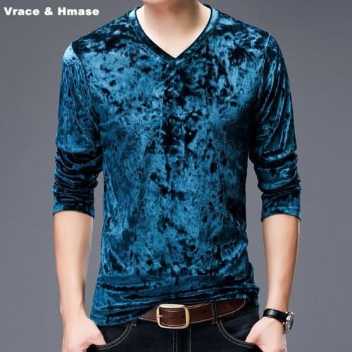 Gold velvet soft and comfortable quality V-neck long sleeve t-shirt Autumn&Winter 2018 retro printing fashion casual t shirt men