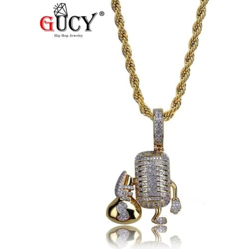 GUCY Microphone Holding Money Bag Iced Out Pendant Necklace With Tennis Chain Cubic Zircon Mens Hip Hop Jewelry
