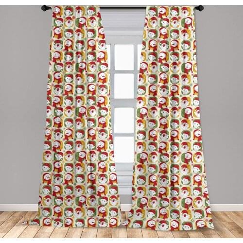 Christmas Curtain for Kids Room Cheerful Faces of The New Year Santa Claus Snowman and Elves in Red Party Hats Window Drapes