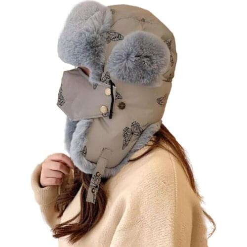 RUHAO 2020 New Winter bomber hat Womens butterfly pattern reflective riding ski cap Russia plus velvet padded earmuffs warm cap