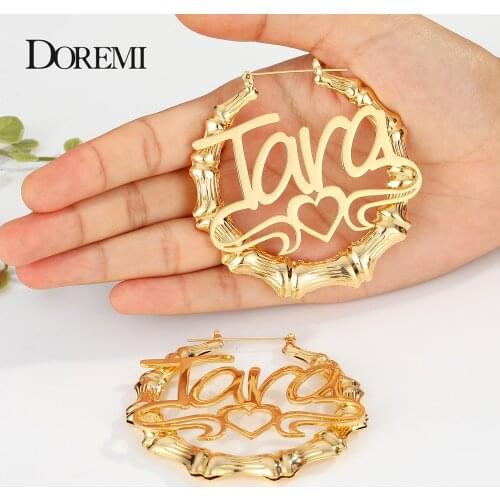 DOREMI 30-90MM Stainless Custom Bamboo Earrings Hoop Personalized Name Earrings Personalized Jewelry Charming Earrings Gold Gift