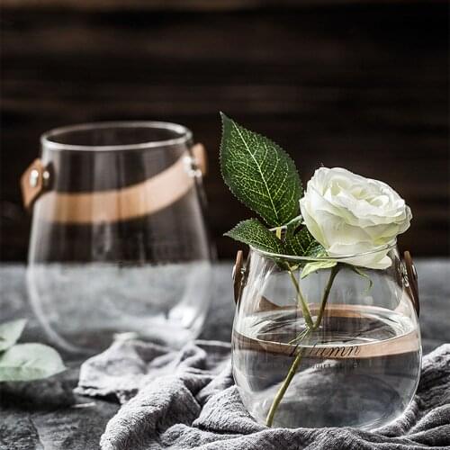 Nordic Clear Glass Storage Jar Portable Leather Handle Dry Flower Table Vase Scandinavian Desk Organizer Container Home Decor