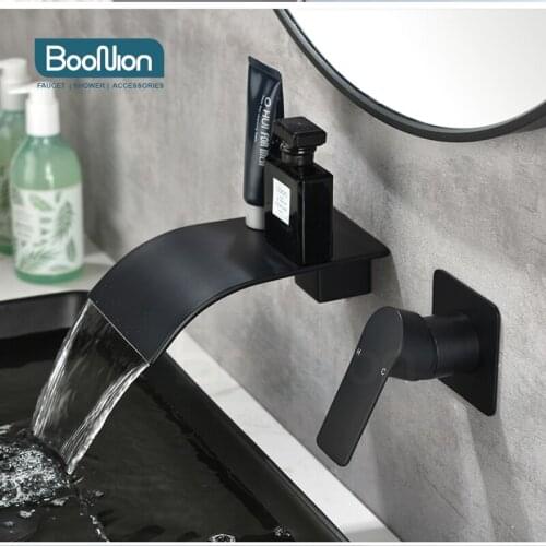 Boonion Waterfall SUS304 Matte Black Hot And Cold Water Bathroom Faucet Wall Mount Mixer Wash Basin Bath Scandinavian Style