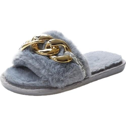 Women Home Slippers Metal Chain Faux Fur Slippers Winter Warm Shoes Woman Slip on Flats Slides Female 36-41 Wholesale Slippers