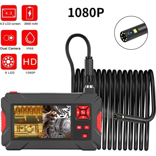 Waterproof-Endoscope-Camera 1080P Dual Camera 4.3" Screen Industrial Camera 8 LED Light Rigid Cable Borescope Pipe Inspection