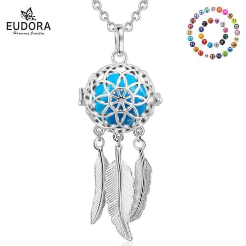 EUDORA 16 mm Harmony Ball Pendant Necklace Dreamcatcher Locket Cage with Chime Sound Harmony Bola Pregnancy Ball Lava stone K263