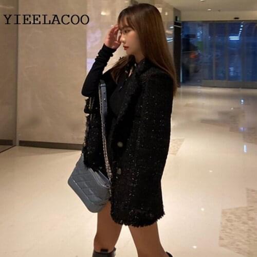 Tweed Jacket Women Black Lapel Long Sleeve Spring/Autumn /Winter Womens Coat Business Classic Ladies One-piece Jacket