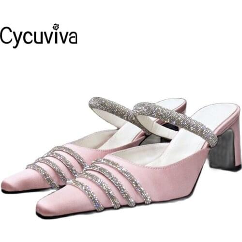 Hot Rhinestone Satin Mules High Heels Women Slippers Sweet Crystal Wedding Shoes Woman Summer Pink Sandalias Mujer 2021 Slides