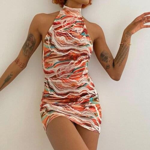 Y2K Tie Dye Printed Halter Dress Bodycon Sexy Women Backless Slim Fit Mini Dress Elegant Lady Club Party Night Outfits Summer