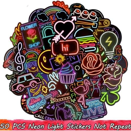 50PCS Neon Light Sticker for Luggage Laptop Decal Skateboard Stickers Child Colorful Billboard Toys Can not Glow in the dark