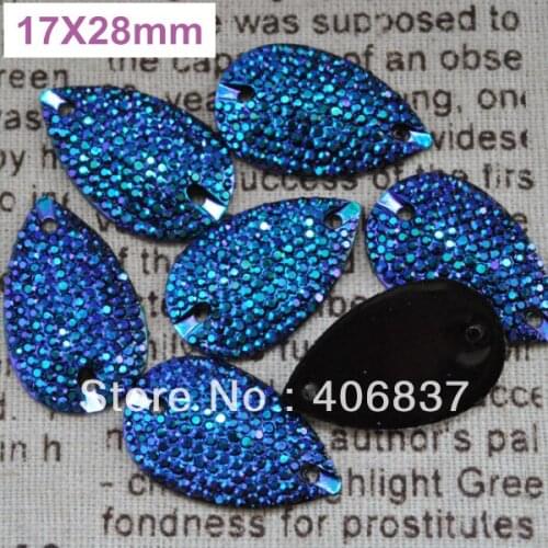 Free Shipping, 50pcs/Lot, 17*28mm Bling-star Metallic Blue sew on teardrop flat back resin sew on stones
