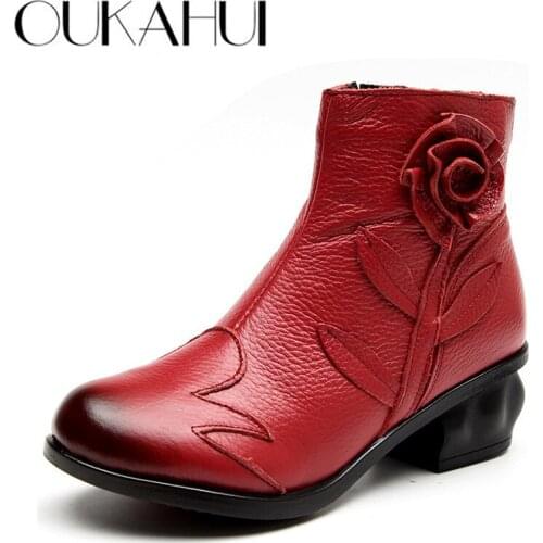 OUKAHUI Spring Vintage 5cm Square Heel Genuine Leather Boots Women 2019 Winter Non-slip Soft Bottom Side Zipper Warm Short Boots