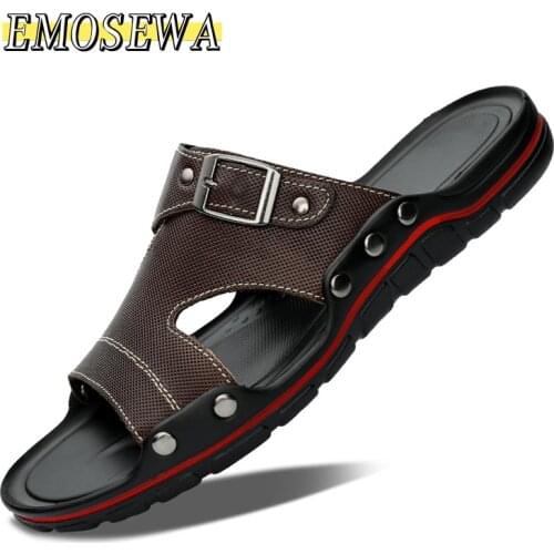 EMOSEWA Brand 2021 Summer Men Sandals Leather High Quality Beach Slippers Casual Shoes Flat Outdoor Beach Shoes Big Size 38-47