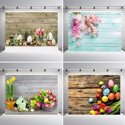 Spring Easter Brown Rustic Wood Backdrop Photography Props Colorful Eggs and Bunny Grassland Flowers Kids Photoshoot Background