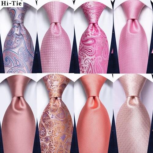 Hi-Tie Peach Pink Coral Solid Paisley Mens Silk Wedding Tie Fashion Design Necktie For Men Quality Hanky Cufflink Business Party