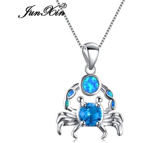 JUNXIN Cute Crab Pendant Blue White Fire Opal Necklaces For Women Silver Color Purple Zircon Stone Wedding Jewelry