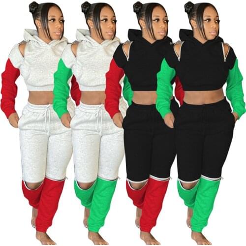 Fashion Casual Zip Hollow Out Contrast Color Splicing Hooded Two Piece Set Women Long Sleeve Crop Top 2 Piece Womens Outfits