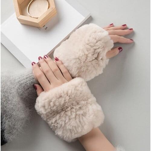 Soft Real Fur Wrist Gloves Women Fingerless Ladies Knitted Real Fur Mittens Womens Winter Outdoor Hand Warmer Knit Fur Gloves