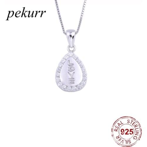 Pekurr 925 Sterling Silver Love Letter Crystal Waterdrop Necklaces For Women Romantic Zircon Pendants Wedding Fashion Jewelry