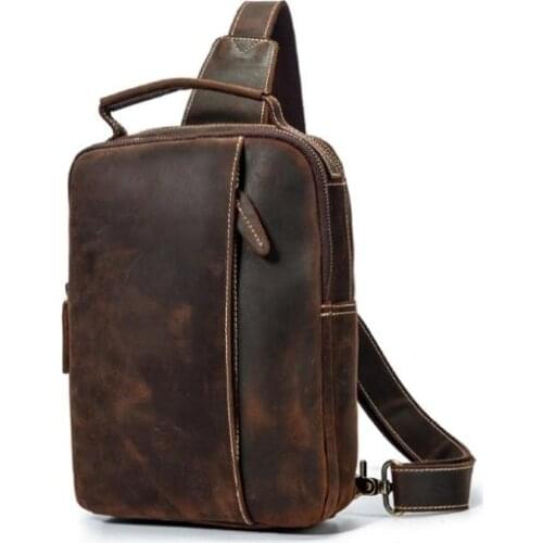 Hot Sale Men Crazy Horse Leather Casual Fashion Chest Sling Bag 8" Tablet Design One Shoulder Bag Cross body Bag Male