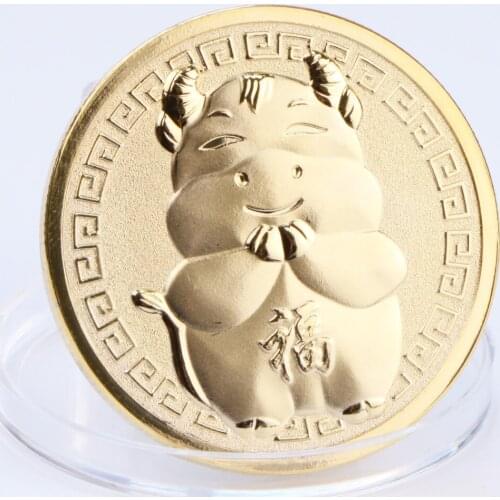 Non Magnetic The Year Of Ox ONE Troy ONCE Gold Plated Coin Chinese Lucky Bull Cattle Commemorative Coins монета год быка