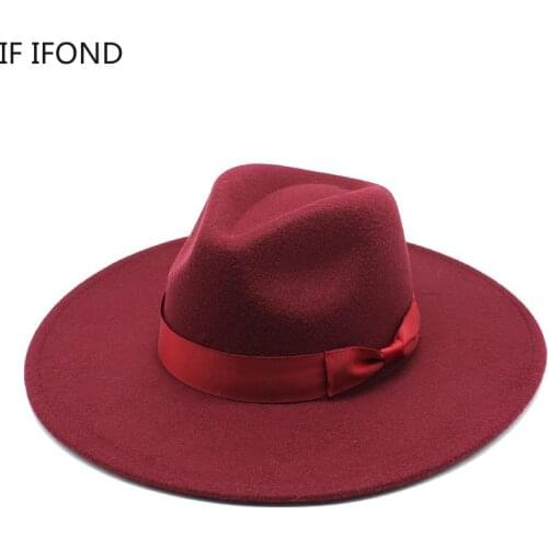 Wool Solid Color Big Wide Brim Women Jazz Fedora Hats With Bow Decoration Gentleman Elegant Church Wedding Formal Top Caps