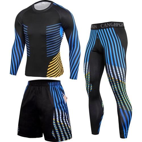 3pcs/set Running Fitness Set Men Sports Suit Compression Tights Printed Gym Clothing Workout Outfit Jogging Training Sportswear