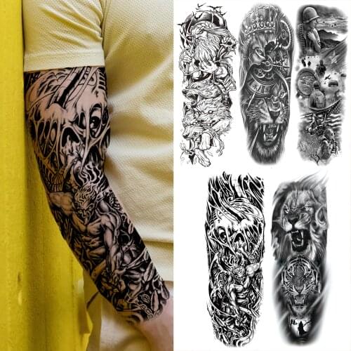 Super Large Skeleton Temporary Tattoos Sleeve For Men Women Adults Fake Devil Lion Tiger Tattoo Sticker Army Full Arm Tatoo