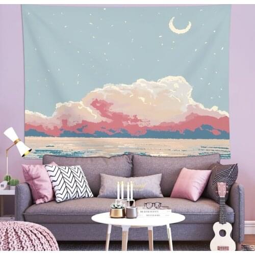 Thick Tapestry Moon Cloud Kawaii Decor Home Room Wall Hanging Sea Scenery Wall Decorative Plush Cloth Romantic Bedroom Tapiz